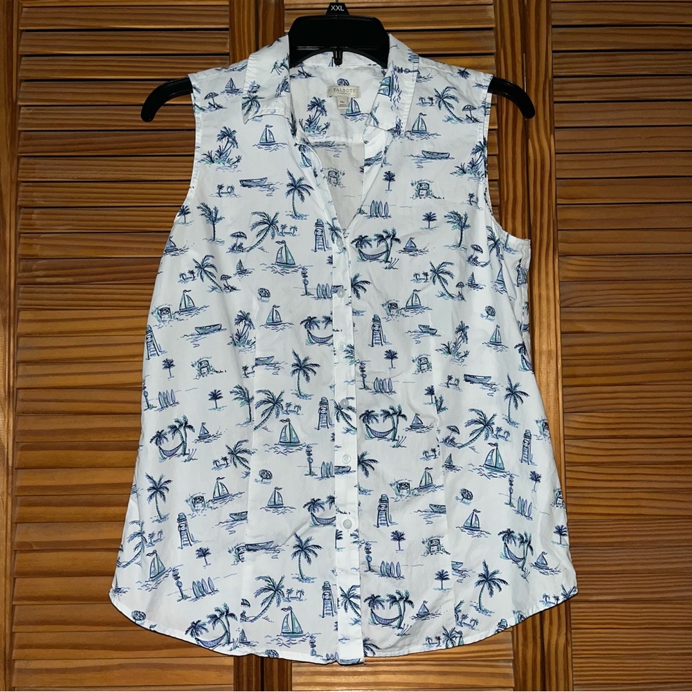 Talbots White V-neck Collar Sleeveless White Beach Print Button Down Mpetite Top